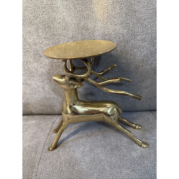 Vintage Brass Reindeer Buck Pillar Heavy Candle Holder - Picture 1 of 14